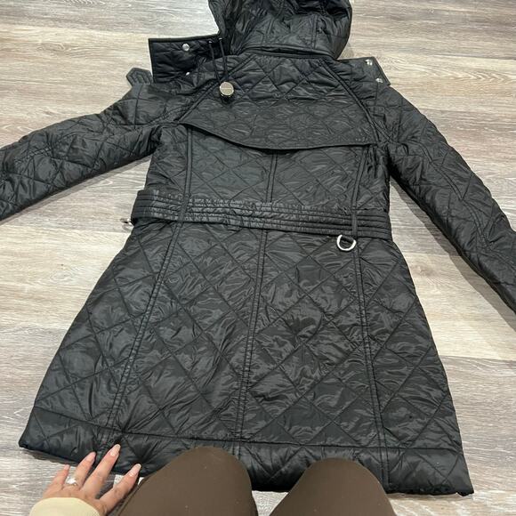 Burberry London Baughton Black Quilted Belted Removable Hood Jacket Size Small - Picture 10 of 14